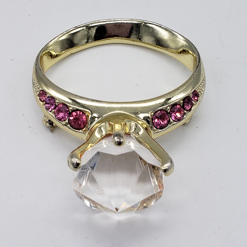 Vintage Ajc Pink Rhinestones Gold Tone Engagement Ring Brooch Pin 25$